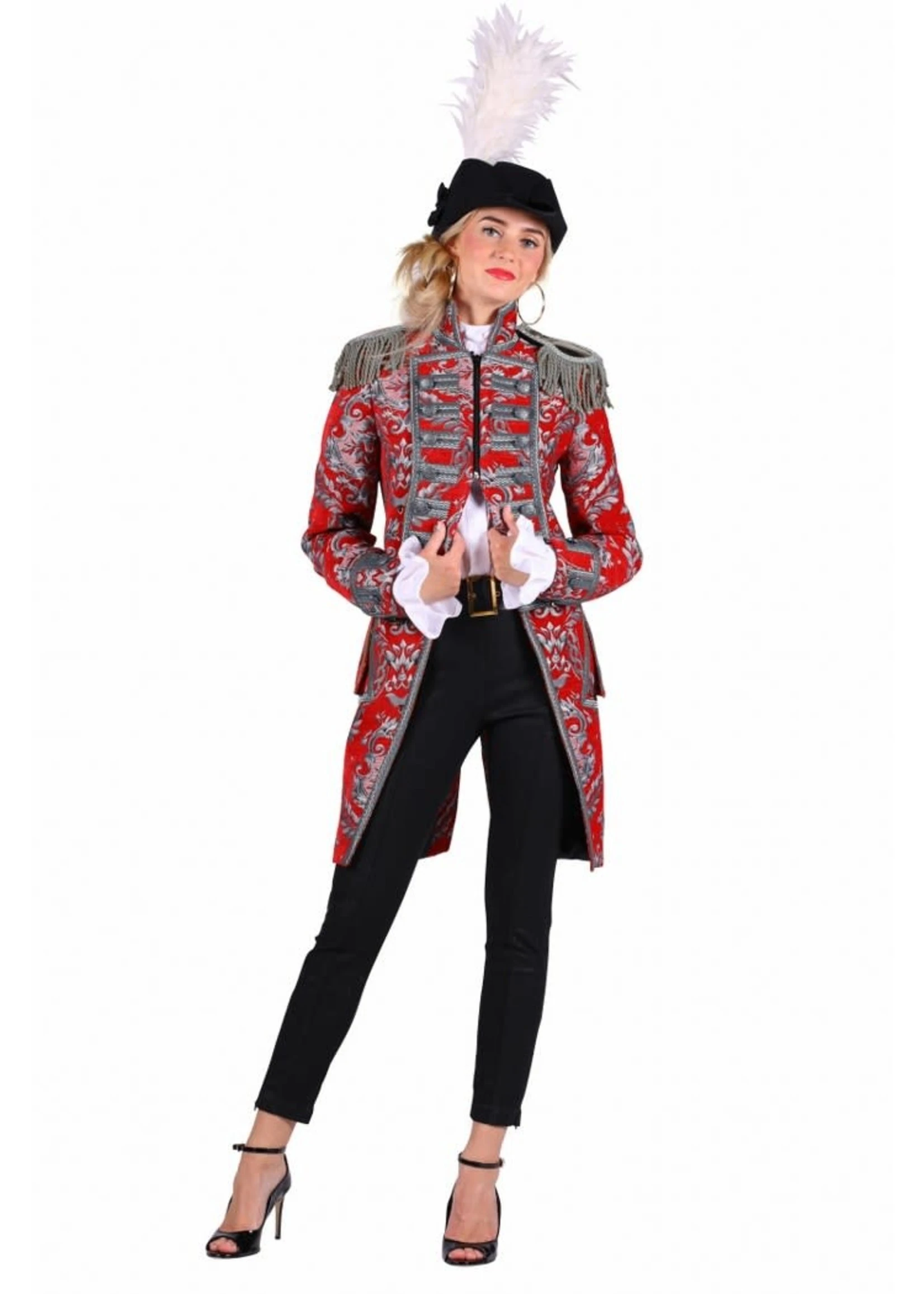 Feestkleding Breda Jas Dame Nelson Brocaat, Rood-zilver 1 Feestkleding Breda Jas Dame Nelson Brocaat, Rood-zilver